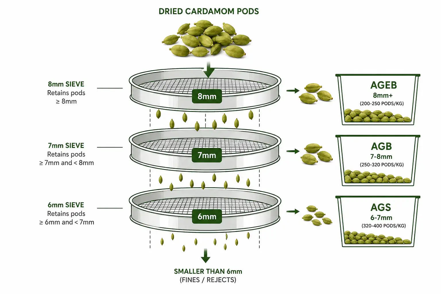 "Diagram showing cardamom pod sieve sorting process using 6mm, 7mm, and 8mm mesh sizes
