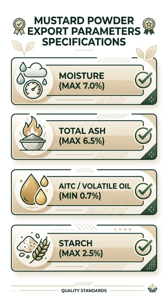 Chart showing mustard powder export quality specifications including moisture, ash, and AITC content limits