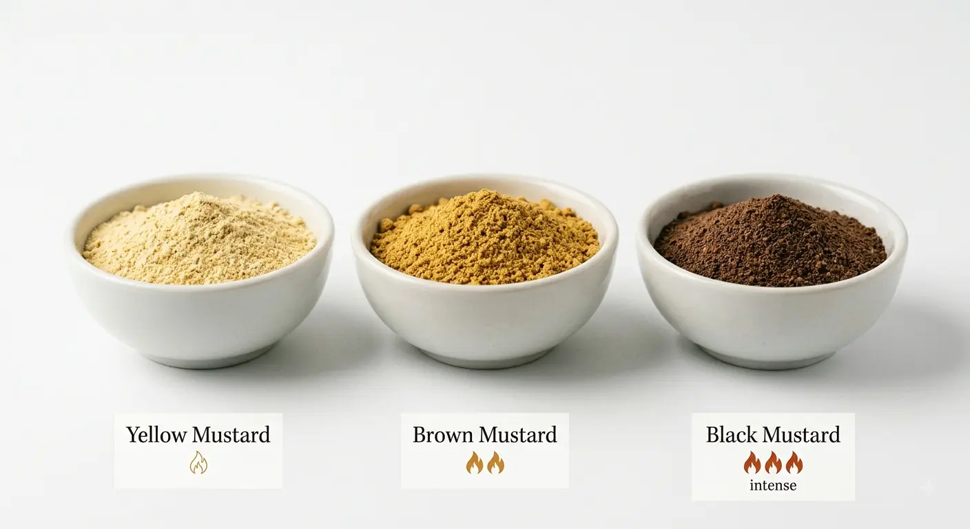 Comparison of yellow, brown, and black mustard powder showing color and heat intensity differences