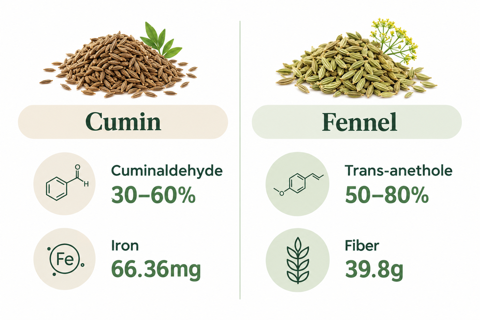 Chart comparing cumin and fennel seeds by dominant compound, iron content, and fiber content