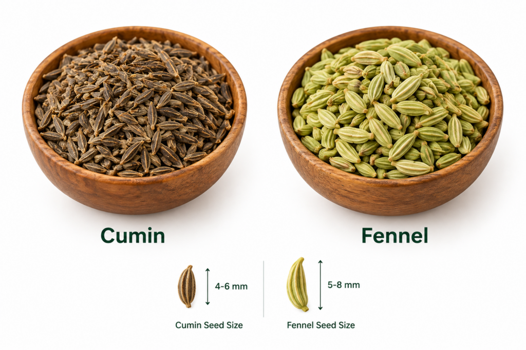 Visual comparison of cumin seeds and fennel seeds showing size, color and shape differences