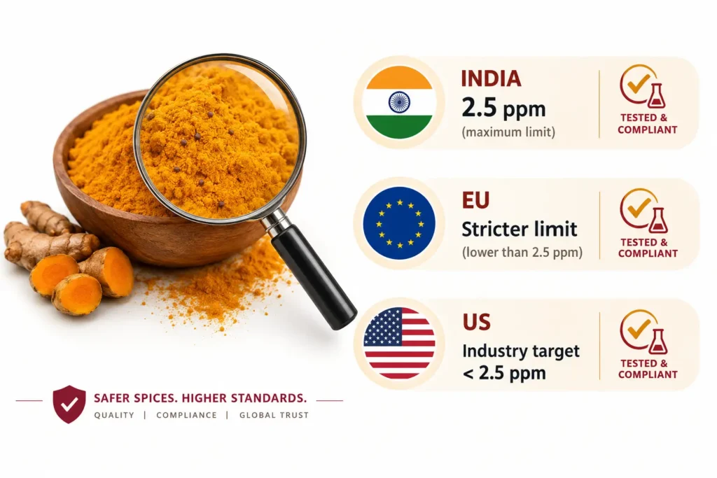 Chart showing lead limit standards for turmeric across India, EU, and US markets